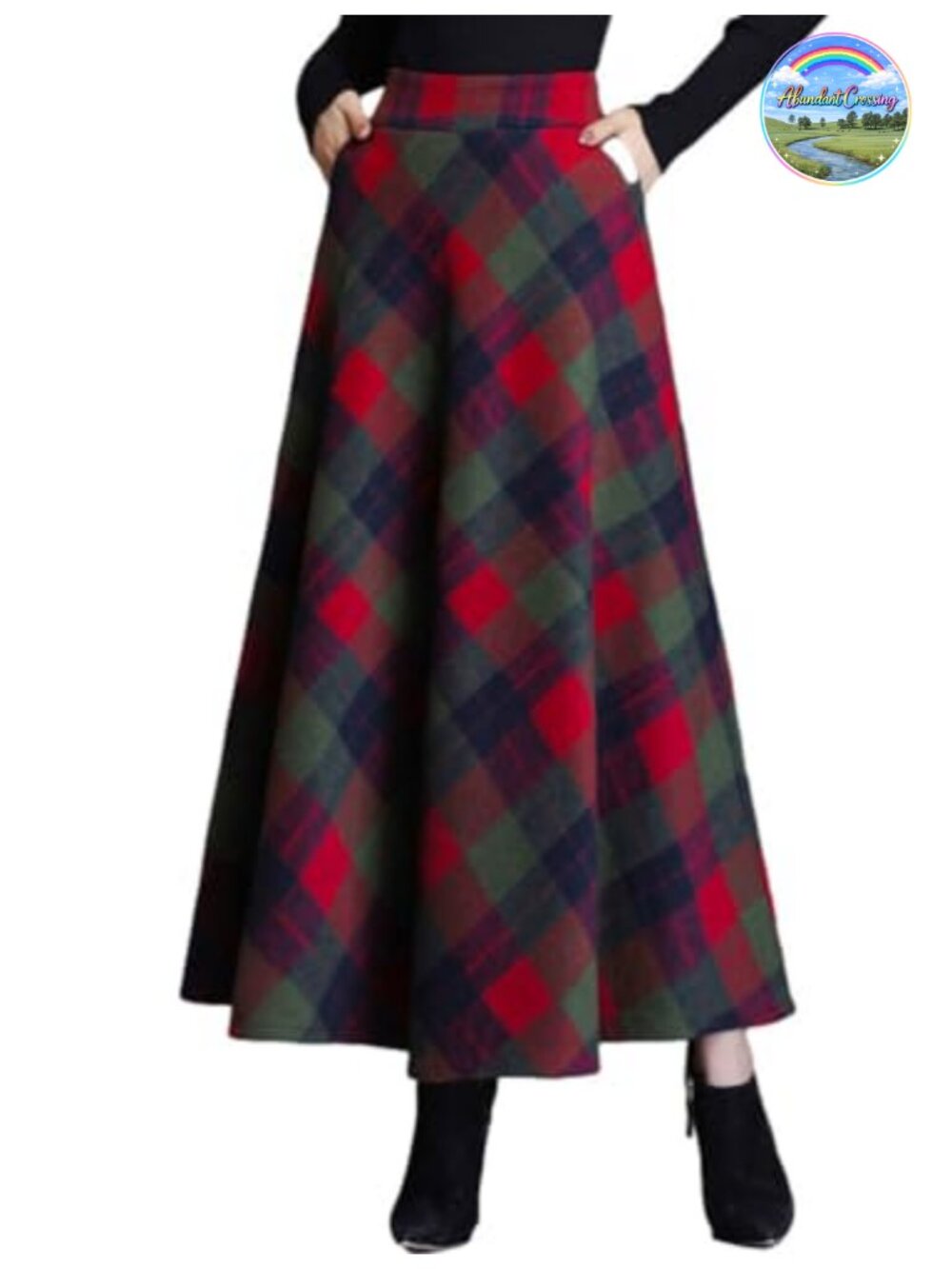 Plaid Wool Blend A-Line Pleated Elastic Waist Maxi Winter Skirt